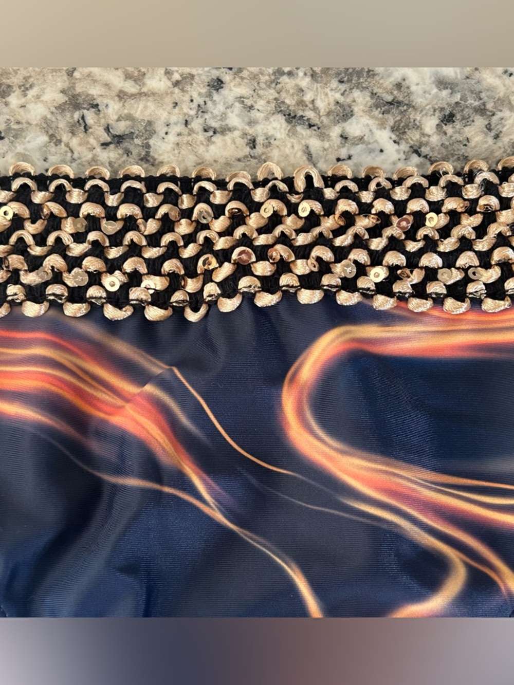 NWOT 2Pc Swimsuit Bikini Navy Orange Swirl Textured Gold Sequin Trim Size M - Picture 9 of 12